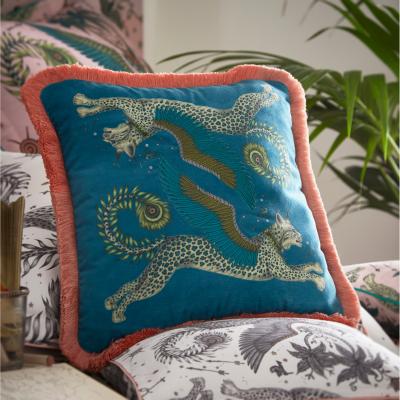 The Rug Seller Lynx Fringed Hem Cushion By Emma J Shipley in Teal Green