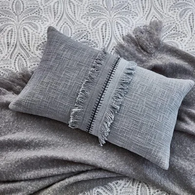 The Rug Seller Saffi Embroidered Fringed Cotton Cushion in Silver Grey