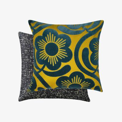 The Rug Seller Apple blossom Velvet Cushion in Dandelion Yellow & Whale Blue by Orla Kiely