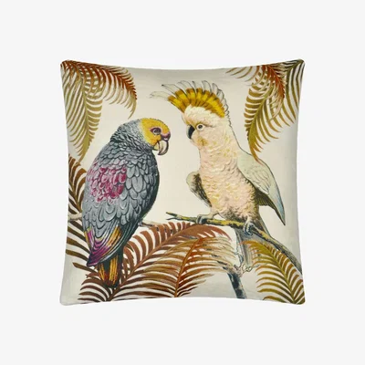 The Rug Seller Parrot And Palm Cushion in Natural by John Derian