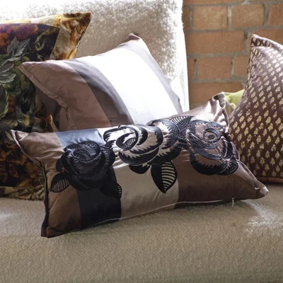 The Rug Seller Kasuti Floral Embroidered Cushion By Designers Guild in Taupe Brown