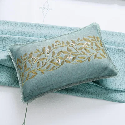 The Rug Seller Voysey Embroidered Floral Cushion by V&A in Aqua Blue&nbsp;60x40cm