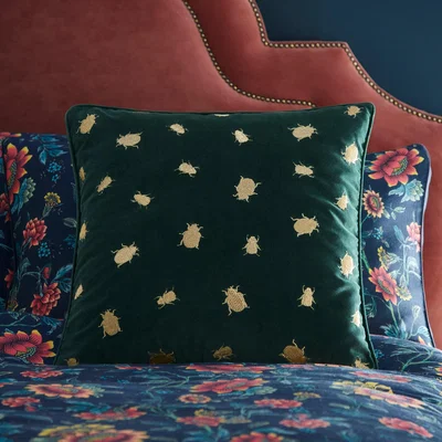 The Rug Seller Firefly Embroidered Velvet Cushion By Wedgwood in Emerald Green
