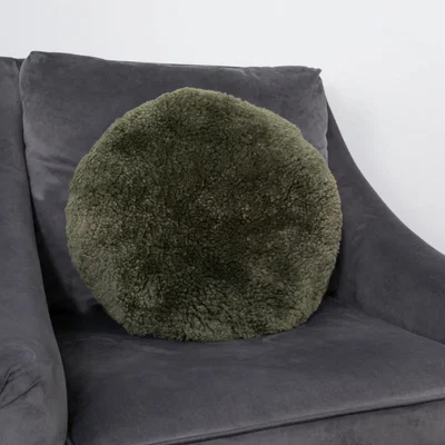 The Rug Seller Talia Round Sheepskin Cushion in Khaki Green40x40cm