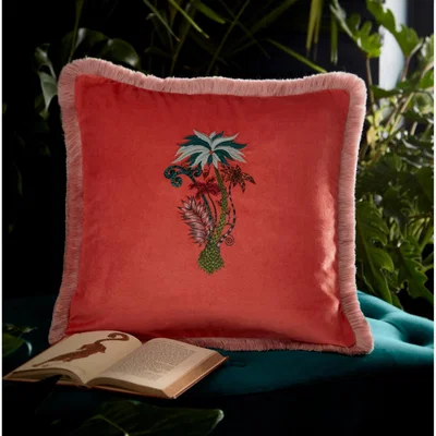 The Rug Seller Jungle Palms Fringed Hem Cushion by Emma J Shipley in Coral Orange