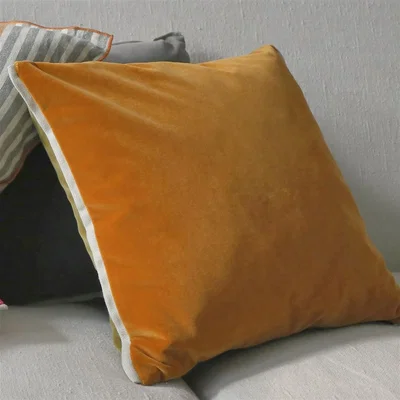 The Rug Seller Designers Guild Varese Plain Cushion in Saffron Orange and Olive Green