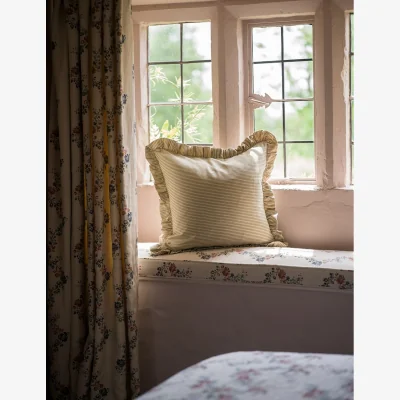 Rose & Grey Stripe Frill Cushion in Forest