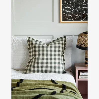 Rose & Grey Fringe Gingham Square Cushion Sage Green
