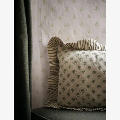 Rose & Grey Fanflower Block Print Cushion in Forest