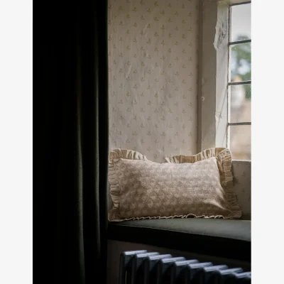 Rose & Grey Block Print Frill Cushion in Taupe