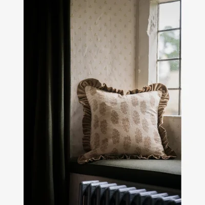 Rose & Grey Blockprint Flower Cushion in Taupe