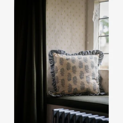 Rose & Grey Blockprint Flower Cushion in Denim
