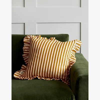 Rose & Grey Amuse La Bouche Ochre Candy Stripe Ruffle Cushion