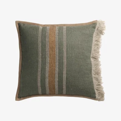 Tobias Oliver de Le Cuona | Striped Linen Cushion With Fringe & Suede Trim Pine/Clay