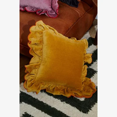 Urban Outfitters Mustard Velvet Ruffle Cushion - Gold ALL at Urban Outfitters
