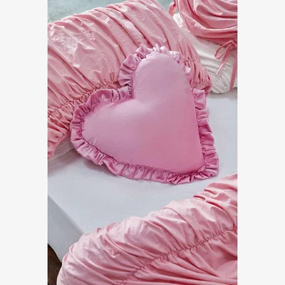 Urban Outfitters Heart Pink Frilled Satin Cushion - Pink ALL at Urban Outfitters