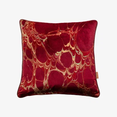Wolf & Badger Red / Neutrals Crimson Marbled Velvet Cushion One Size Susi Bellamy