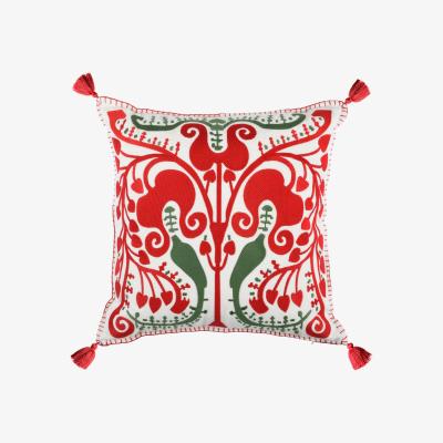 Wolf & Badger Green / White / Red Transylvanian Suzani Linen Cushion By Mindthegap