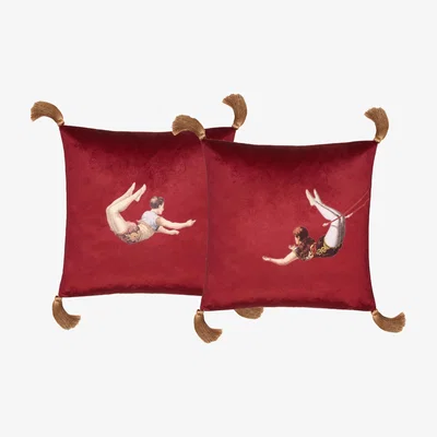 Wolf & Badger Gold / Red Trapeze Girl & Boy Set Of Two Velvet Cushions Deep Berry Red Melody Rose London