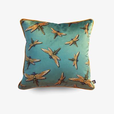 Wolf & Badger Green / Gold Dragonfly Swarm Sage Velvet Cushion The Curious Department