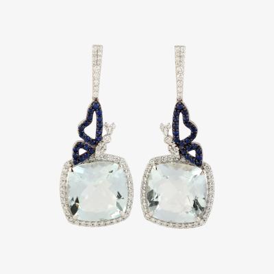 Wolf & Badger Women's White / Blue 18K White Gold In Cushion Cut Aquamarine & Blue Sapphire Pave Diamond Butterfly Earrings Artisan