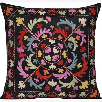 Wolf & Badger Black Hand-Embroidered Silk Cushion - Kyrgyz Motifs Multi 2 One Size Anor Living