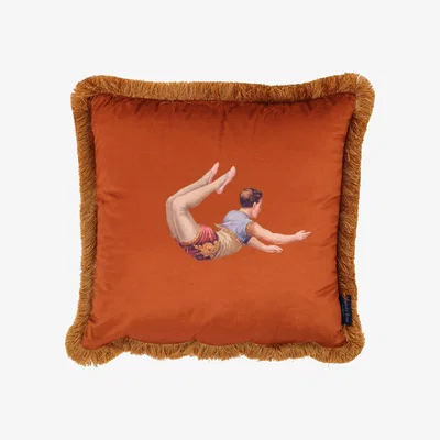 Wolf & Badger Yellow / Orange Trapeze Boy & Stripes Fringe Velvet Cushion Burnt Orange Melody Rose London