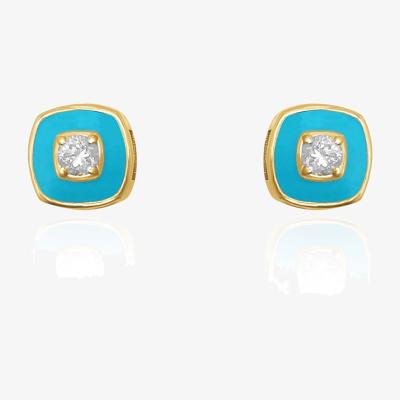 Wolf & Badger Women's Blue "Confetti" Natural Diamond & Turquoise Enamel Cushion Earrings In Solid Gold Jalpa Pandit