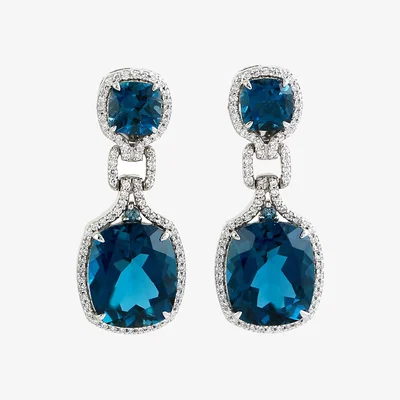 Wolf & Badger Women's White / Blue Cushion Cut London Topaz Pave Diamond Designer Dangle Earrings In White Gold | Artisan