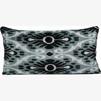 Wolf & Badger Grey Hand-Woven Reversible Silk Velvet Ikat Cushion - Flowers Motif One Size Anor Living