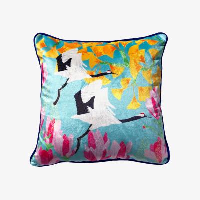 Wolf & Badger Red Crowned Cranes, Gingko & Magnolia Velvet Cushion Amanda West