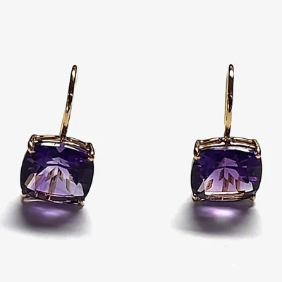 Wolf & Badger Women's Pink / Purple / Gold Cushion Cut Amethyst Gemstone In 14K Yellow Gold Dangle Earrings Artisan
