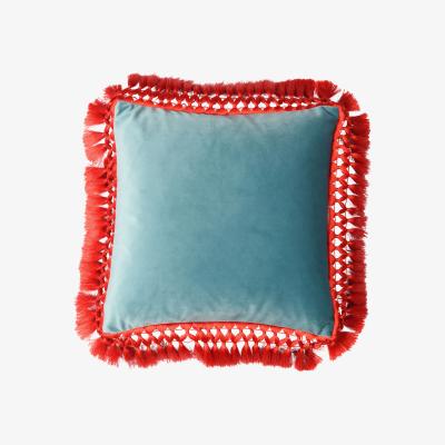Wolf & Badger Teal & Turquoise Oriental Velvet Cushion With Coral Fringe Bivain
