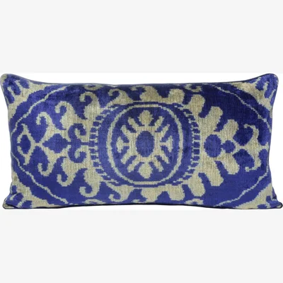 Wolf & Badger Hand-Woven Reversible Silk Velvet Ikat Cushion, Royal Blue, Turquoise & Cream One Size Anor Living
