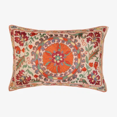 Wolf & Badger Red / Neutrals / Green Nurata Suzani Silk Embroidered Cushion By Mindthegap