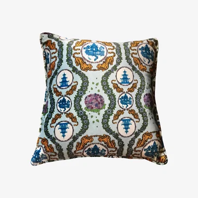 Wolf & Badger Tiger Chinoiserie In Blue Velvet Large Cushion Large Abigail Hardie Home