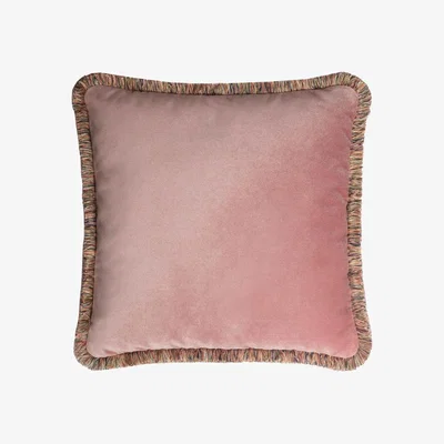 Wolf & Badger Pink / Purple Happy Pillow Velvet Pink With Pink Multicolour Fringes Lo Decor