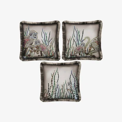 Wolf & Badger Set Of Three Monkey Cushions - Beige Cassandra Hone