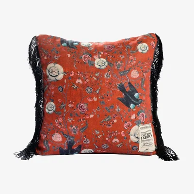 Wolf & Badger Black / Blue / Red Black Bird Linen Cushion By Mindthegap