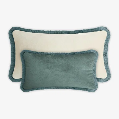 Wolf & Badger Couple Happy Pillow Rectangle Teal And White Velvet With Fringes Lo Decor