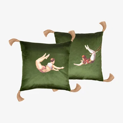 Wolf & Badger Trapeze Girl And Boy Velvet Cushions Green Melody Rose London