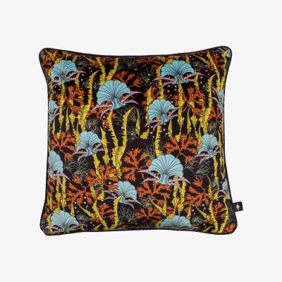 Wolf & Badger Yellow / Orange Coral Odyssey Black Velvet Cushion The Curious Department