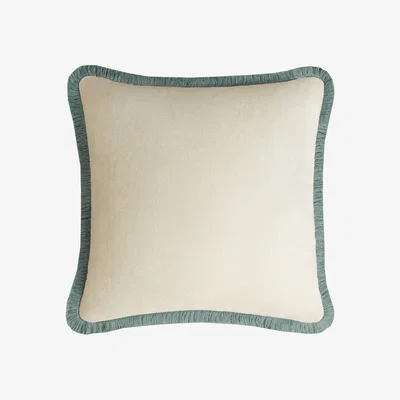 Wolf & Badger Happy Pillow Velvet Dirty White With Teal Fringes Lo Decor