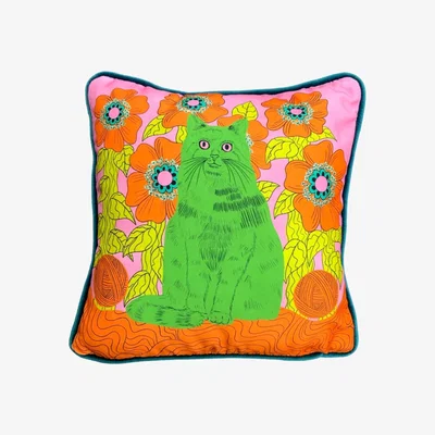 Wolf & Badger Green Andy The Cat Cushion One Size The Neighbourhood Threat