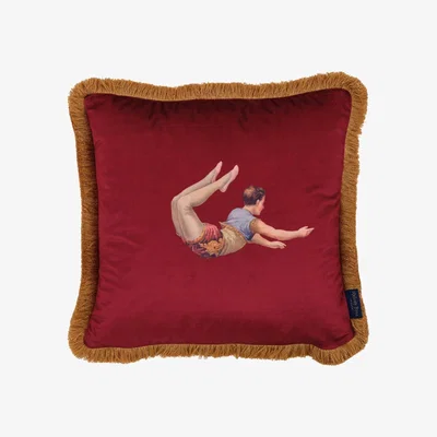 Wolf & Badger Trapeze Boy & Stripes Velvet Cushion Deep Berry Red Melody Rose London