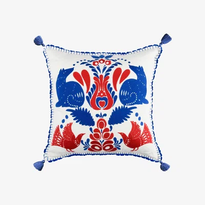 Wolf & Badger Blue / White / Red Folk Embroidery Linen Cushion By Mindthegap