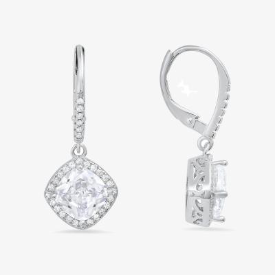 Wolf & Badger Women's Cushion Cut Halo Diamond Cz Dangling Leverback Earrings In Sterling Silver Kylie Harper