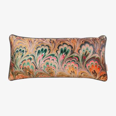 Wolf & Badger Red / Yellow / Orange Peacock Bouquet Velvet Oblong Cushion Susi Bellamy