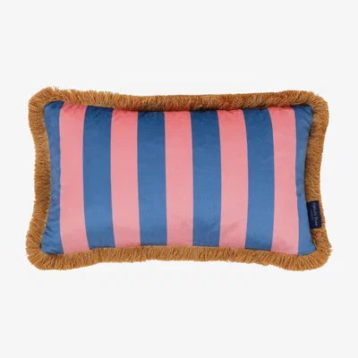 Wolf & Badger Blue / Pink / Purple Stripes Blue & Pink Rectangle Fringe Velvet Cushion Melody Rose London
