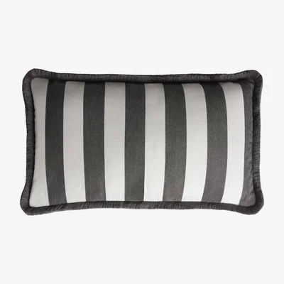 Wolf & Badger Black / White Outdoor Indoor Striped Cushion With Fringes Carbon Lo Decor